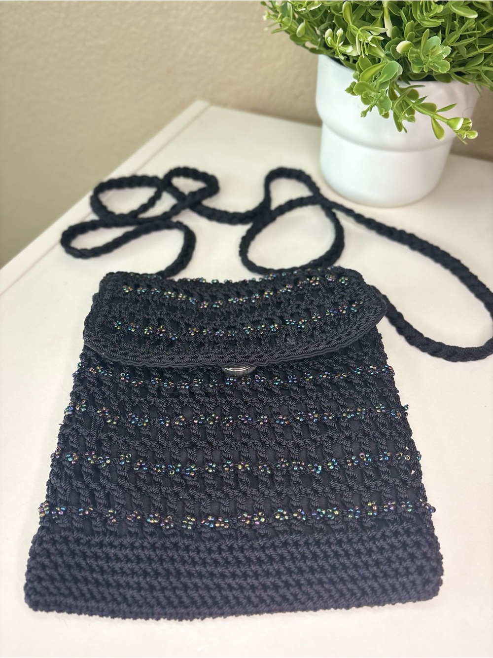 Vintage Black Beaded Crochet Crossbody Bag Boho Festival Purse Iridescent - Picture 8 of 8